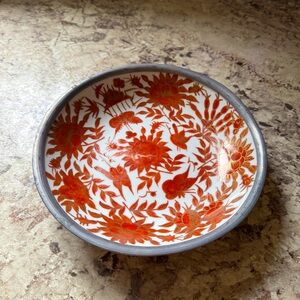 VTG Japanese Porcelain Bowl Pewter Encased Red Flowers